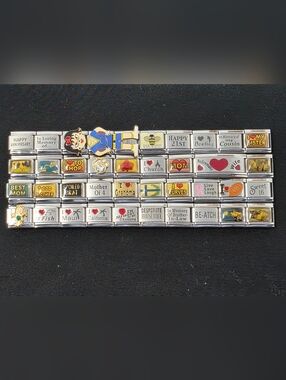 40 Italian Charm Link Bracelet with Enamel Character and Sentiment Plates
